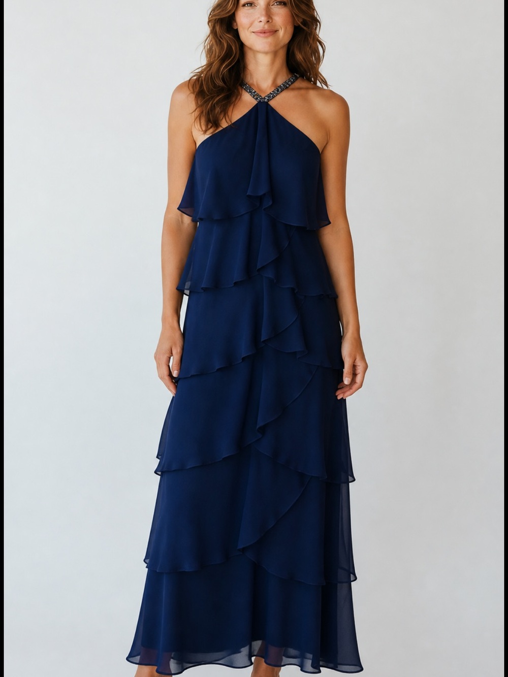 Daymor Couture Silk Tiered Ruffle Halter Gown Navy Blue Beaded Neckline 16 NWOT